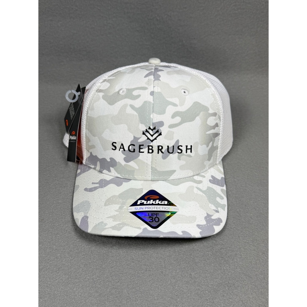 Sagebrush Golf Pukka Trucker Hat Snapback White Grey Camo Tech Fabric UPF 30 NEW